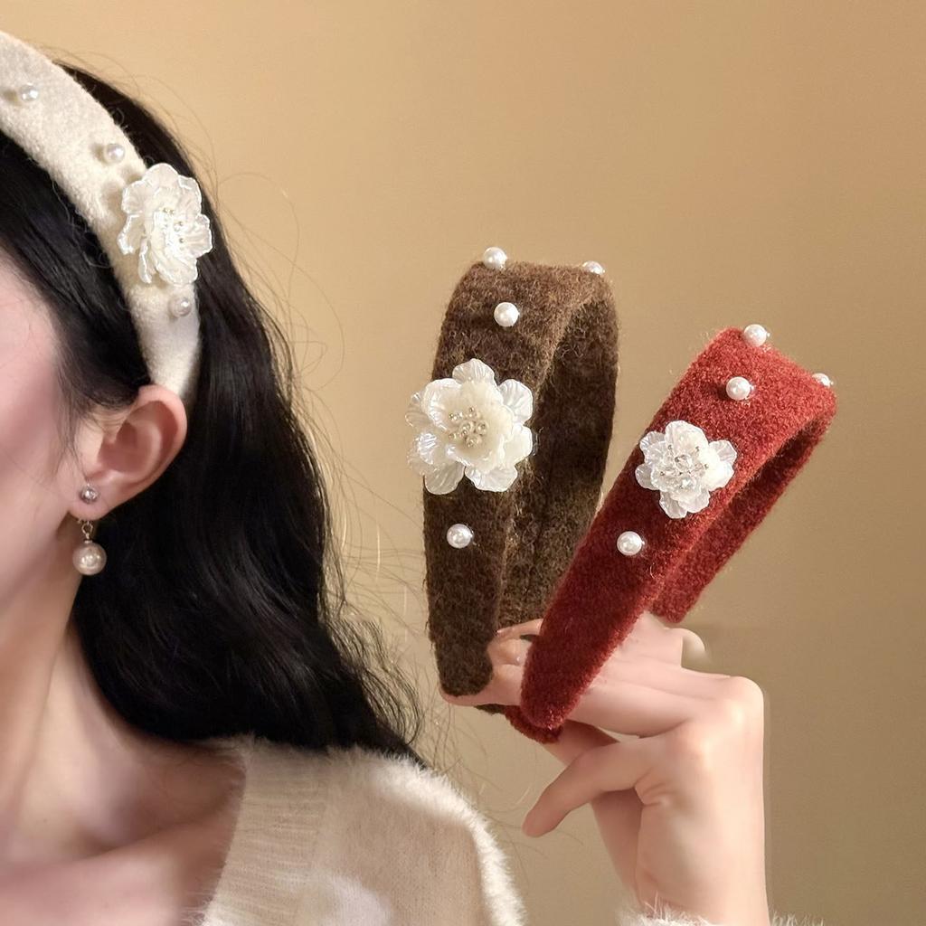 Flocking Fabric Flower Pearl Headband Autumn and Winter Retro Temperament Elegant High Skull Top Headband Hair Accessories