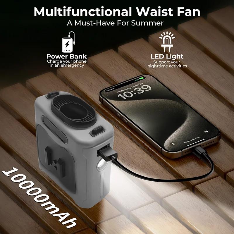 10000mAh Portable Waist Hanging Neck Fan Strong Cooling Wind Outdoor work fan for camping searchlight Travel Farms Fishing