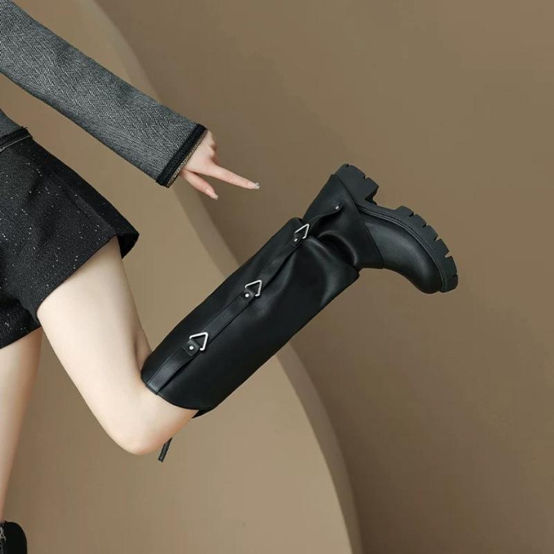 Knee-High Women Knigit Boots Metal Buckle Side Zipper Chunky Mid-Heel Round Toe Fold-Over Boots Fashion Coolgirl Shoes