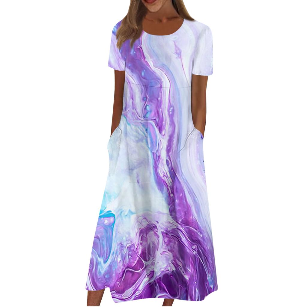 Women's Casual Dresses Printed Dresses Summer Dresses Printed Pleated Round Neck Midi Dresses Basic Classic Outdoor Daily Short Sleeve Loose Dresses