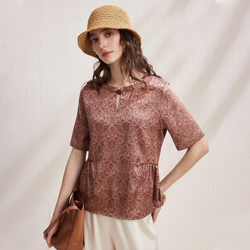 Zhaojun New Chinese Style Silk Blend Short-Sleeve Top XL