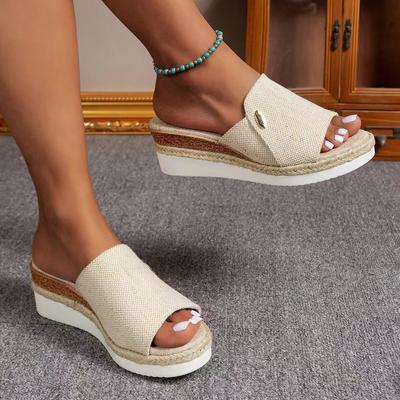 Summer New Large Women's Shoes Canvas Slippers with Slope Heels and Hemp Rope Thick Sole Denim Slippers