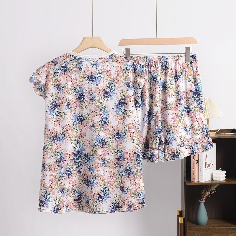 Women's Summer New Sweet Fly Side Cotton Short-sleeved Shorts Suit Large Size Loose Leisure Rayon Home Wear Pajamas