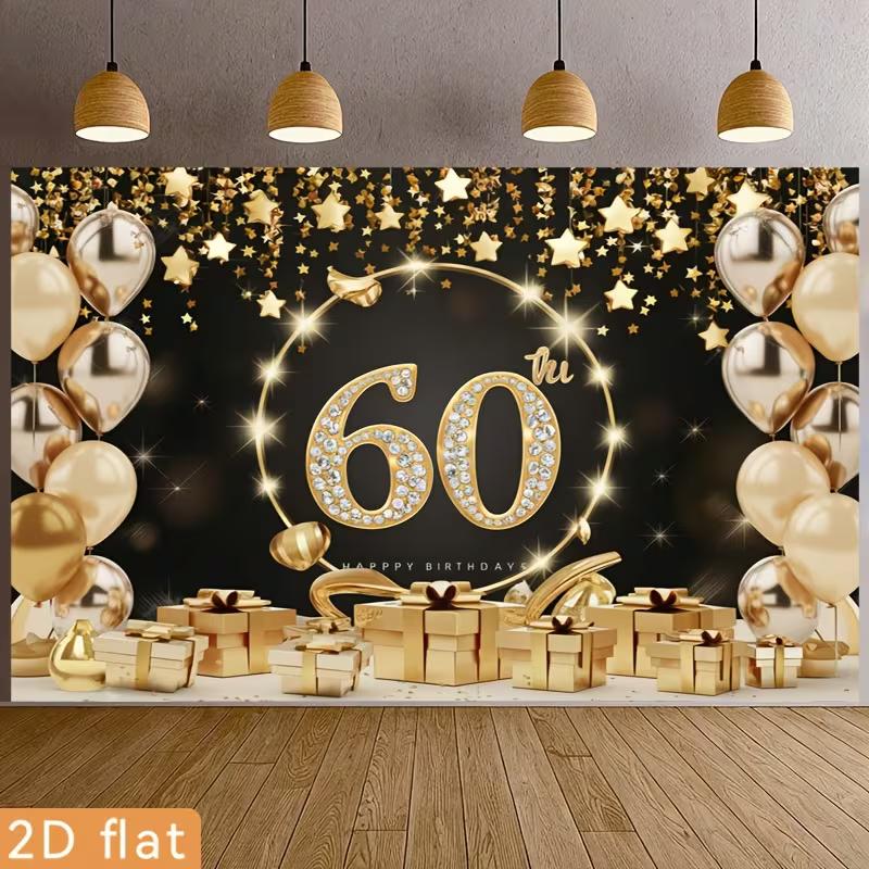 2D Black Gold 60 Birthday Backdrop Star Confetti & Balloon Decor Background Banner