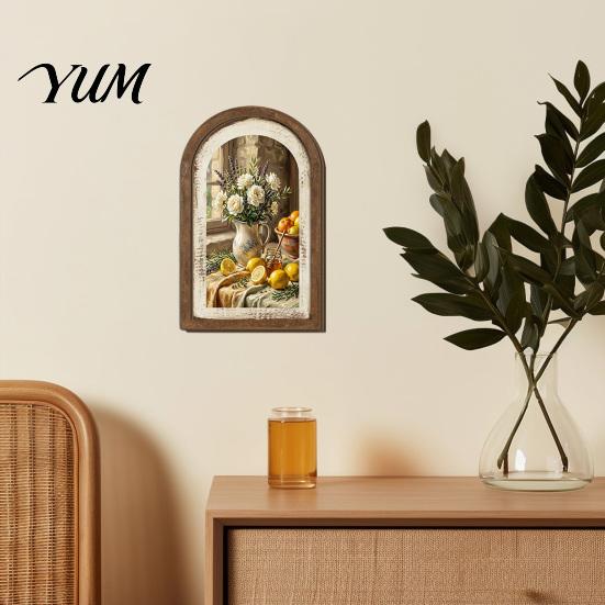 Teak Wood Wall Art Lemon Arched Decor, Pastoral Flowers Wooden Sign, Nordic Desktop Decorative Ornament Style Decoration for Home Kitchen Bedroom