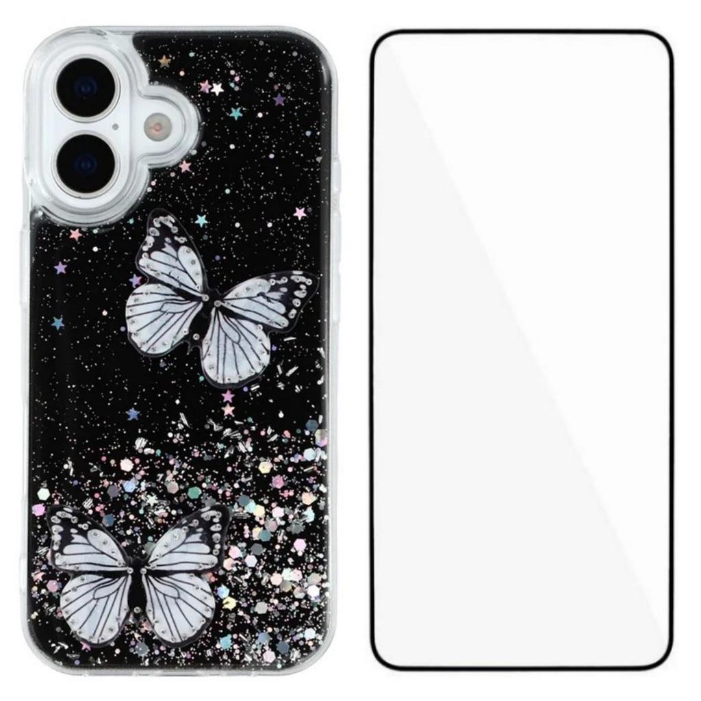 For iPhone 17 TPU Case WANLONFENG AW Series PVC Butterfly Epoxy Phone Cover with HD Film