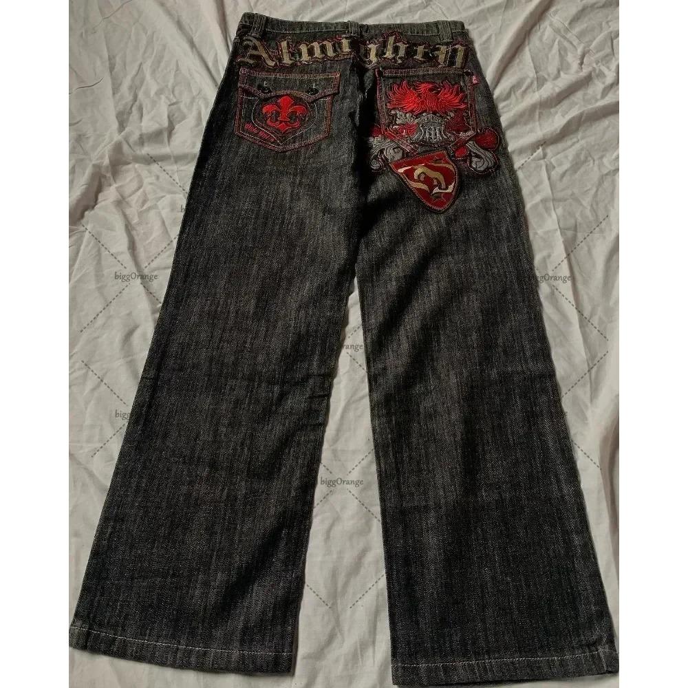 LUXEON American Retro High Street Y2K Personalized Patchwork Letter Embroidered Jeans Gothic Fashion Wide-leg Denim Trousers