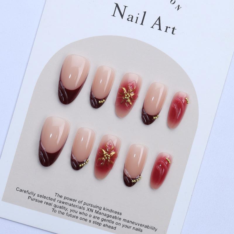 30 Pieces of Hot-selling Almond Boutique 3d Three-dimensional Gradual Change Flower Gilt Wearing Nail Advanced Red French Manicure