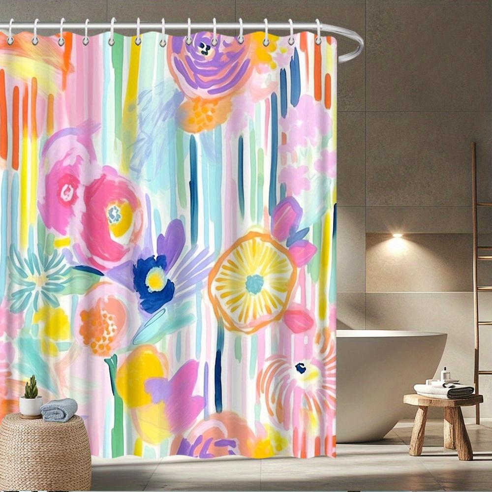 

Watercolor Floral Shower Curtain – Vibrant Pastel Blooms On Vertical Rainbow Stripes, Cream Base, Waterproof Polyester W60H190(CM)-1 Pcs