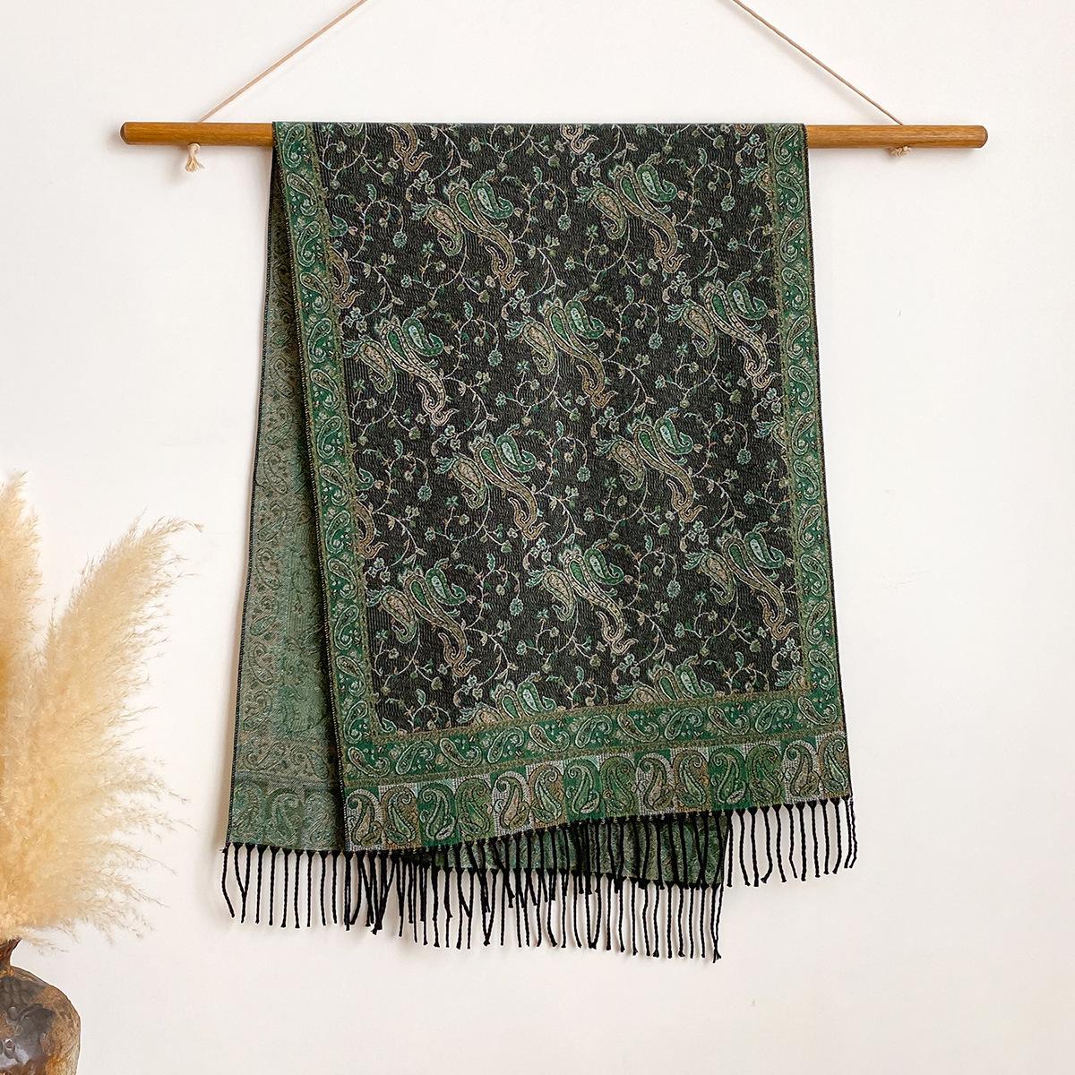 

Шарф Осенне-зимний Утепленный Шарф Этнический Стиль Цветная Кисточка Путешествие С Цветком Кешью 200x65cm зелёный