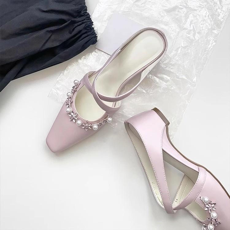 Sheepskin version~ French gentle purple cross with rhinestone knitted square head Mueller shoes for women to wear outside and cool slippers fo