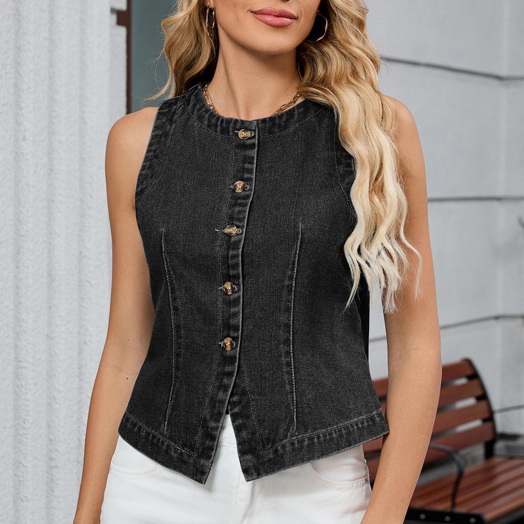 Women's Fashionable Solid Color Sleeveless Washed Denim Vest Top