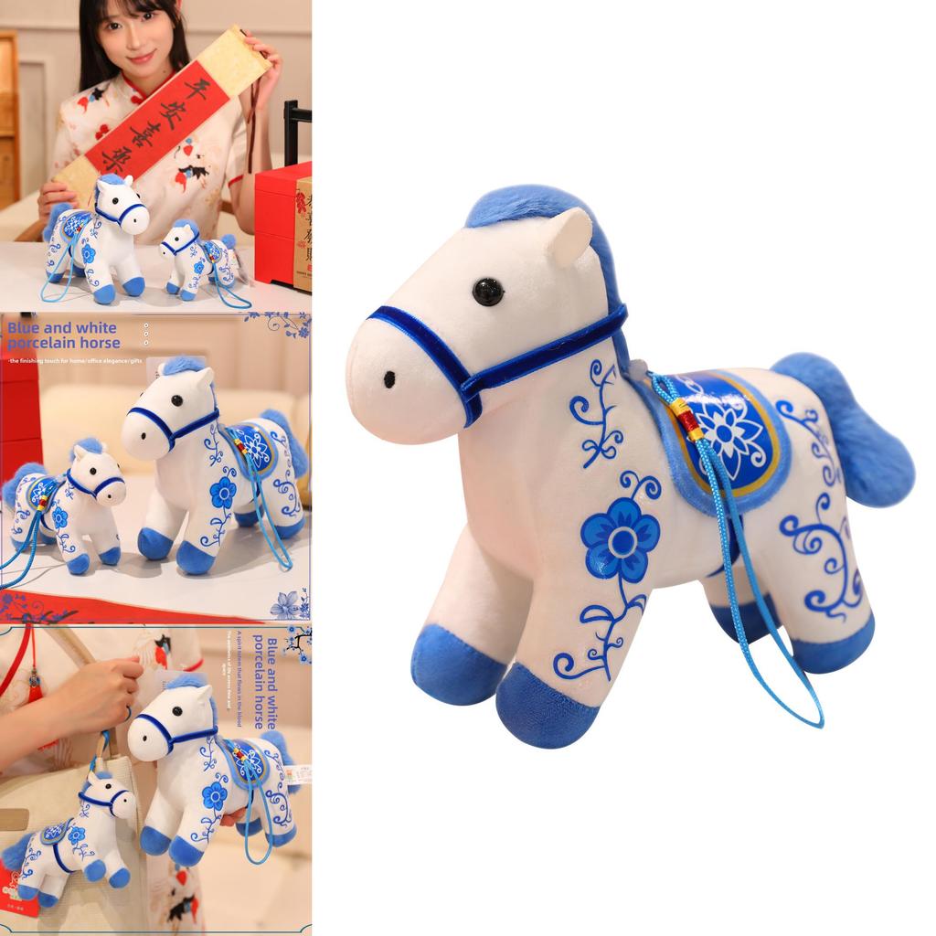 Creative Blue And White Porcelain Pattern Design Small Horse Plush Toy Pendant For Collectors And Gifts