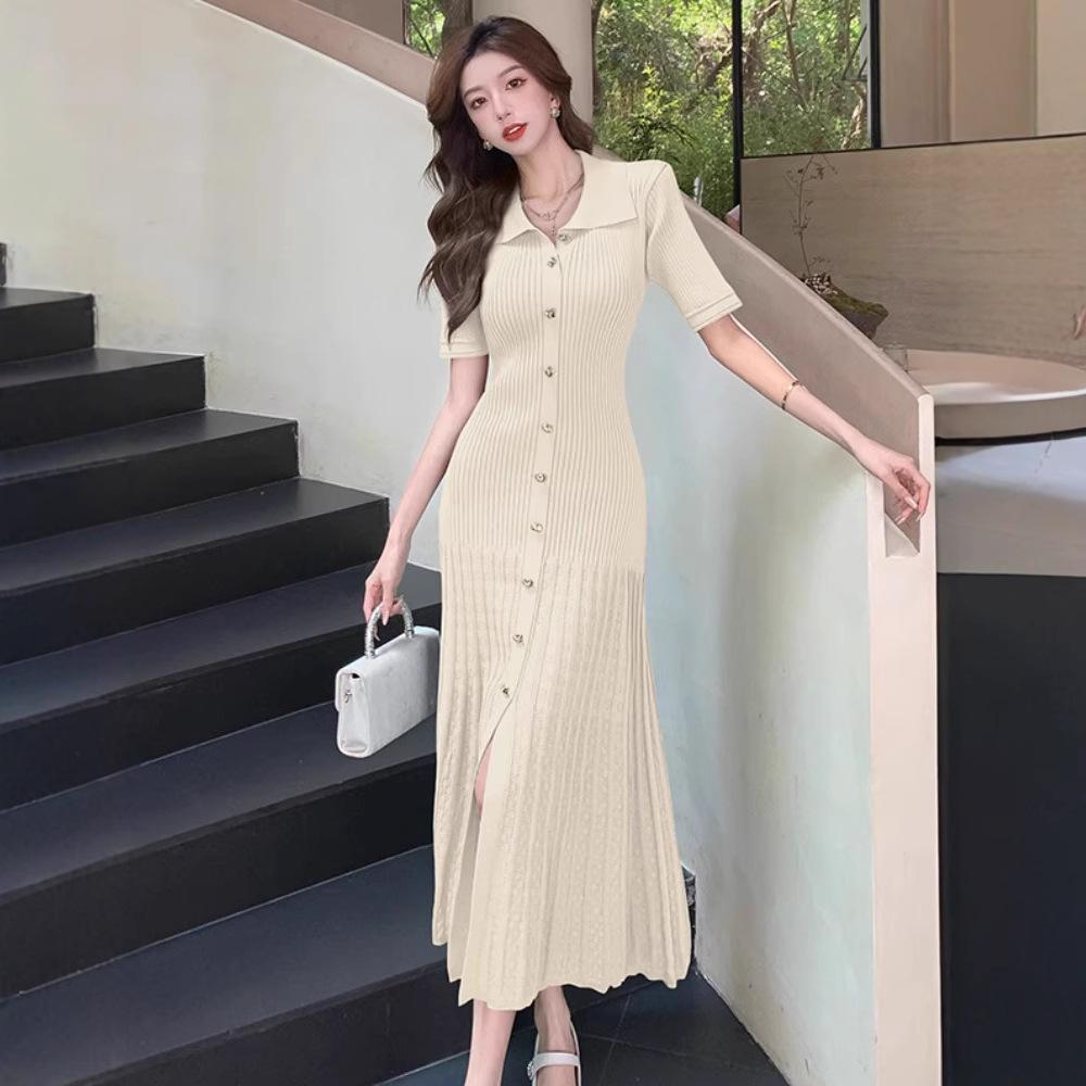 Pleated Fishtail Green Polo Dress: Women's Retro Summer Knit with Slit Design