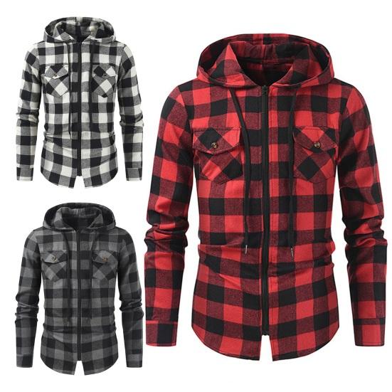 Hoodie Contrast Color Plaid Print Drawstring Hooded Long Sleeve Zipper Closure Pockets Cardigan Mid Length