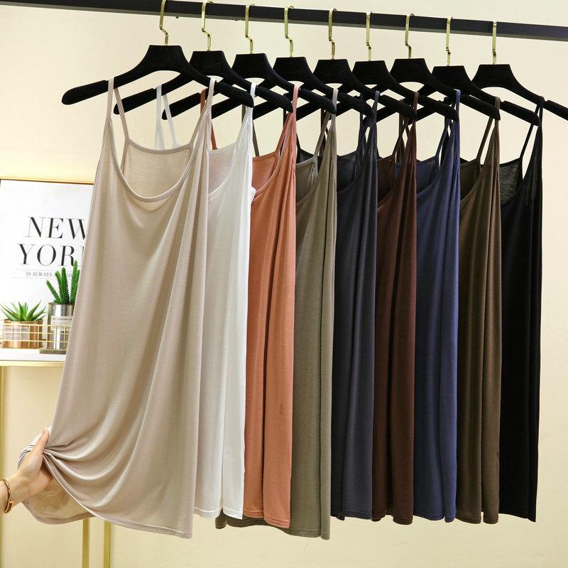 Modal Spaghetti Strap Dress Summer Sexy Sleeveless Tank Dress Solid Color Casual Camisole Dresses Mid-length Soft Sleepdress Basic Slipdress