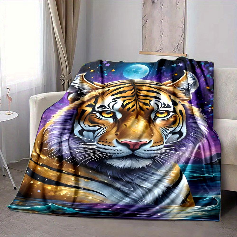 1pc Tiger Moon Night Print Blanket Lightweight Flannel Blanket Throw Blanket For Sofa, Bed, Travel, Camping Yy2509026140