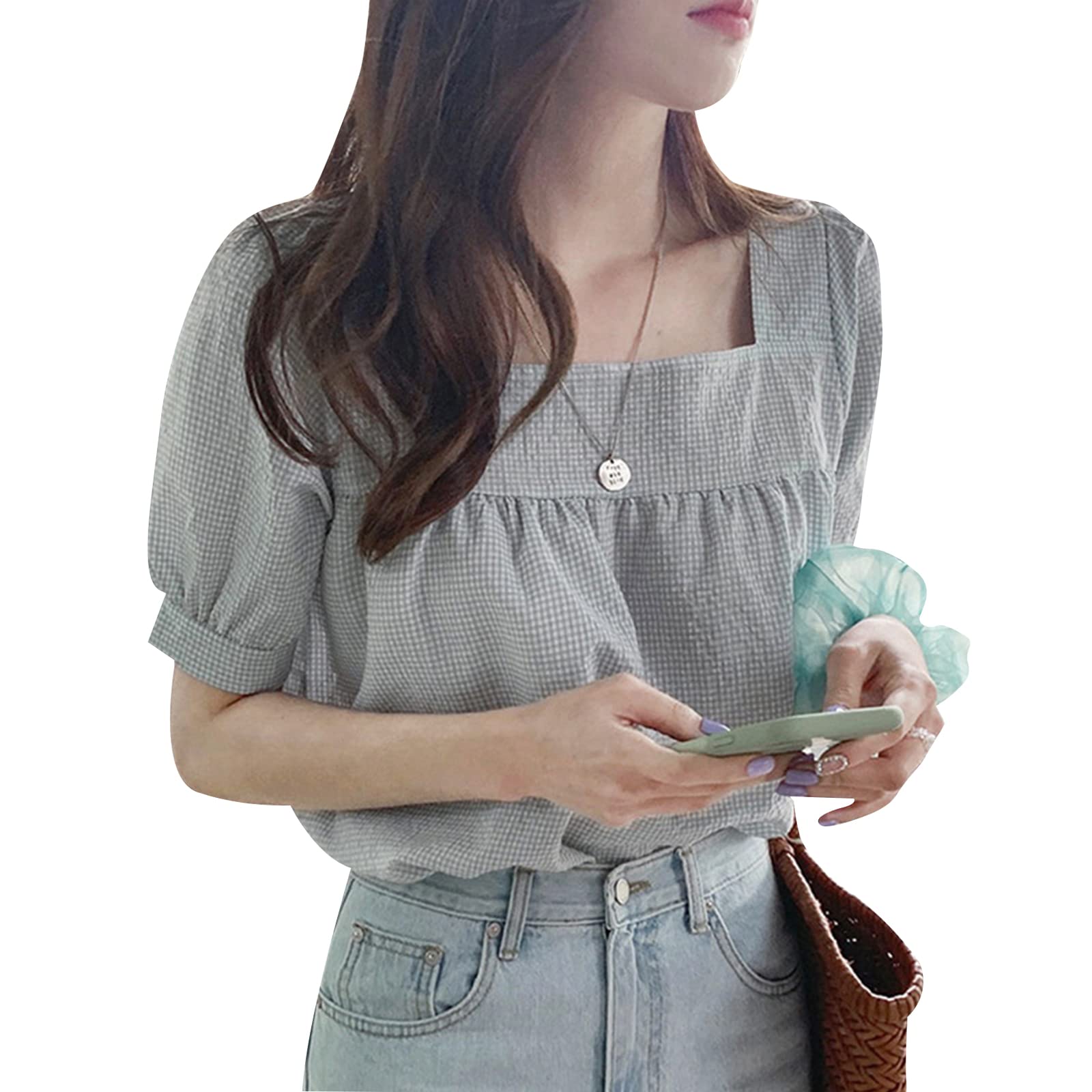 

Блузки для короткой квадратной клетки пышные объемные осень [DayaEmmoTQ] женщины, рубашки, топы, рукава, шея, узор, рукава, рукава, красивые, пуловер, зелёный