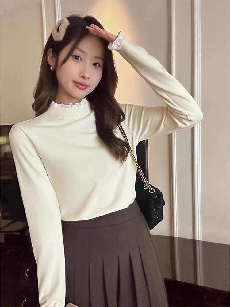 

Женский базовый топ с длинными рукавами и нежной ретро-кружевной отделкой - Осенне-зимняя однотонная футболка Medium бежевый