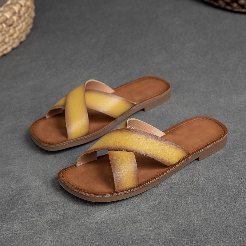 Fashion 1.5CM Literary Style Women Flat Slippers Summer Cross Genuine Cow Leather Open Toe Slip On Slippers Low Heel Casual Slides