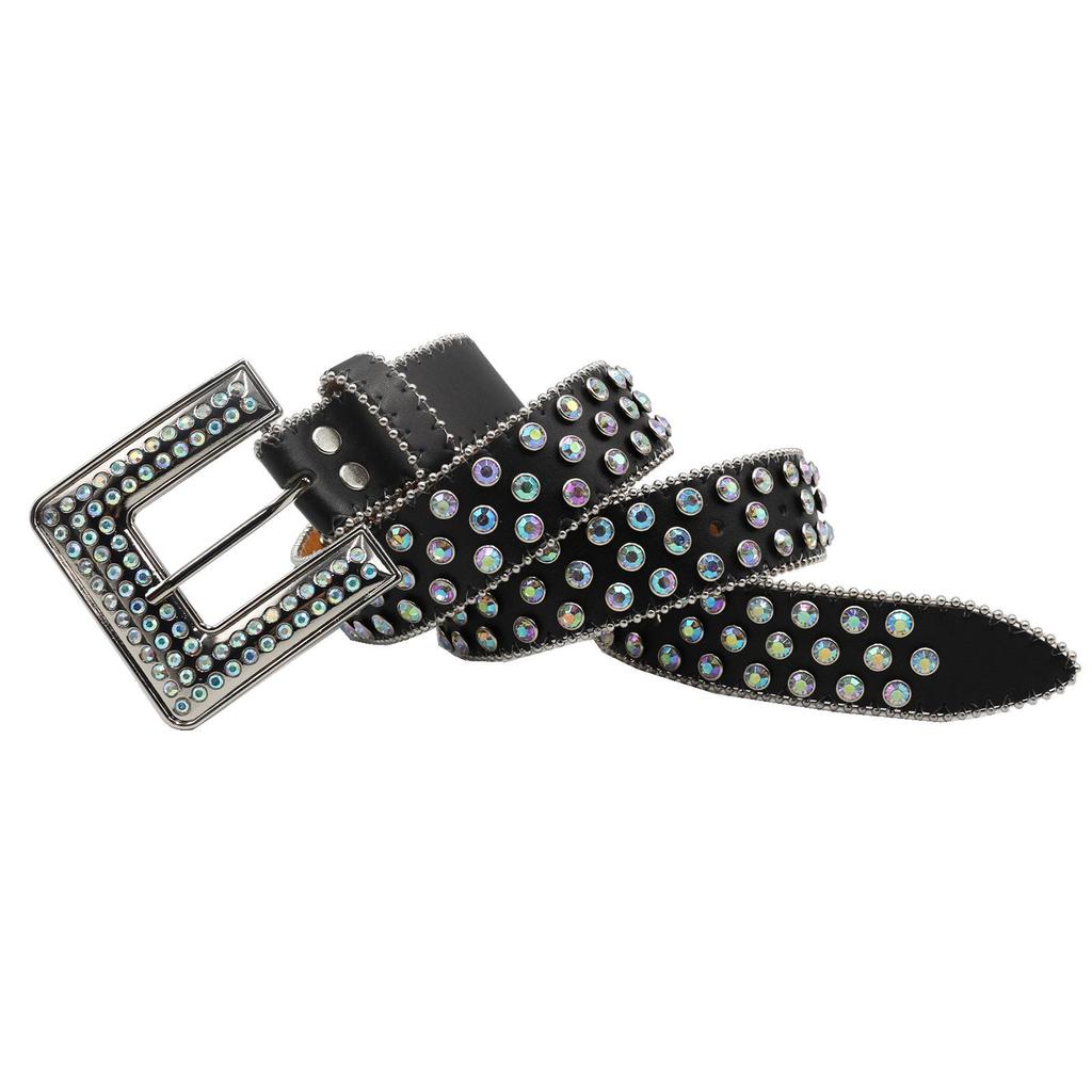 European & American Rhinestone Square Buckle Leather Belt - Sequin Punk Rock Style