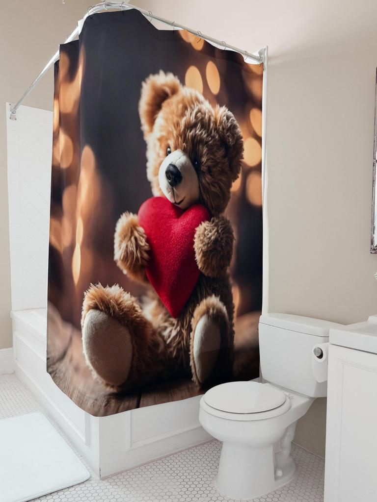 Cute Teddy Bear with Heart Shower Curtain | Cozy and Romantic Bathroom Decor