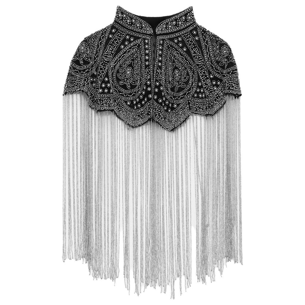 Women 20s Flapper Long Fringed Shawl Sequin Beaded Tassel Evening Cape Wrap for Wedding Reception Special Events