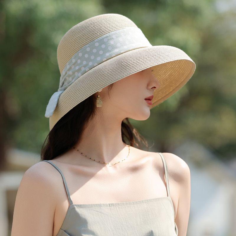 Sommar Ny Hatt Dam Polka Dot Streamer Solhatt Hepburn Stil Lafite Stråhatt Rese Solhatt
