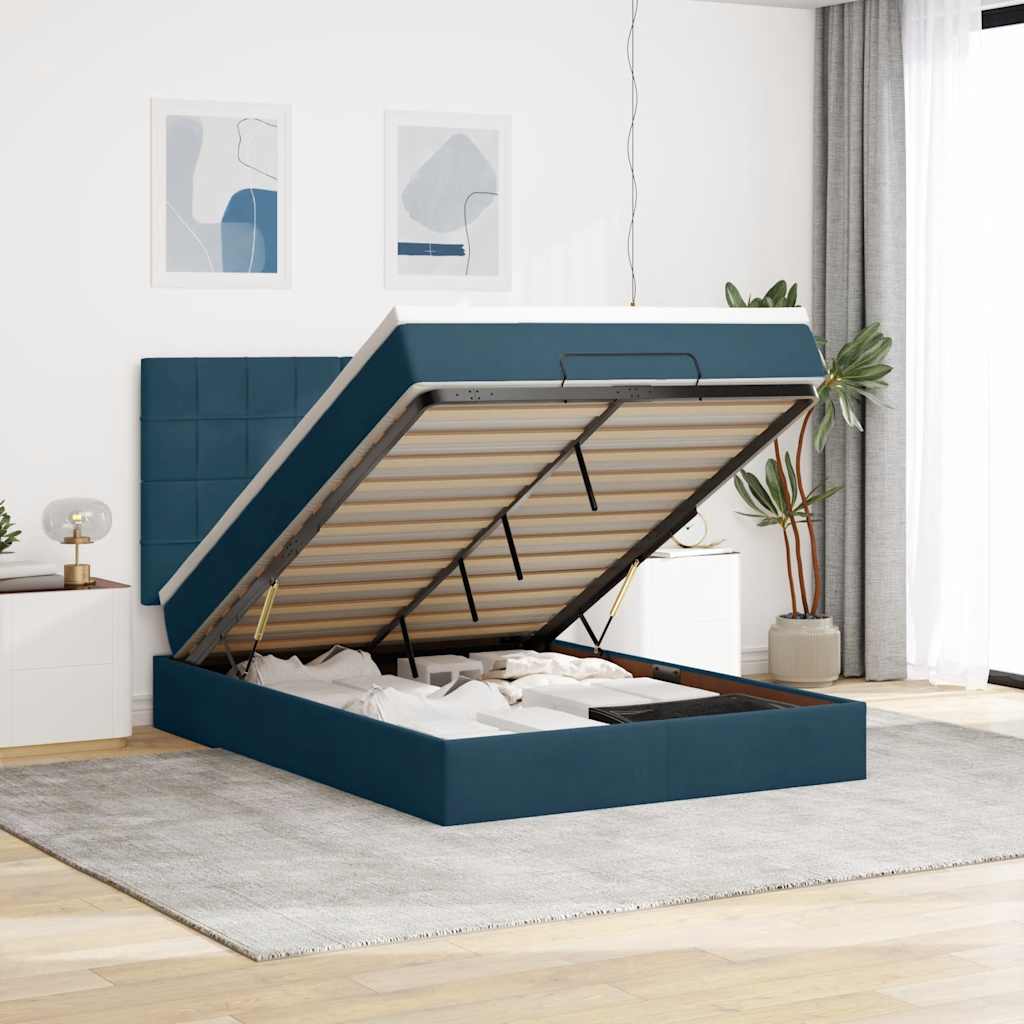 Ottoman Bed with Mattress Dark Blue 140x190 Cm Velvet