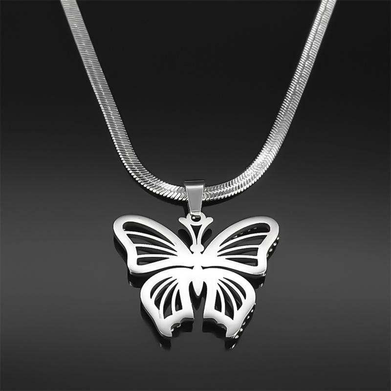 Fashion Butterfly Flower Necklace Women/Men Black Rhinestone Stainless Steel Silver Color Y2K Clavicle Chain Jewelry 6482-QKC