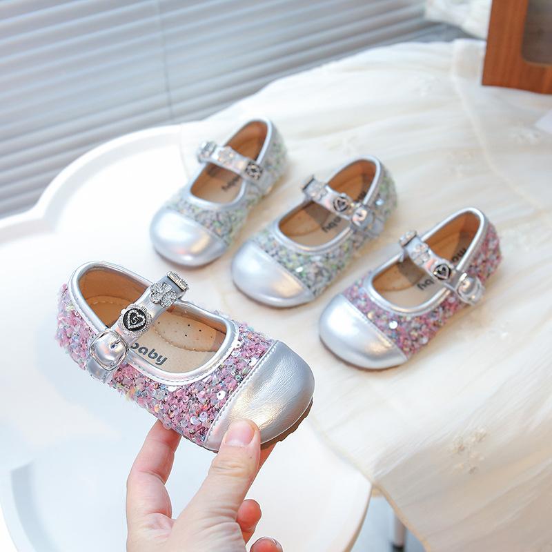 Girls Mary Janes Round Toes Sweet Kids Dance Shoes Ins Trendy Pu Leather Soft Sole 2025 New Girls Princess Shoes Shiny Sequins
