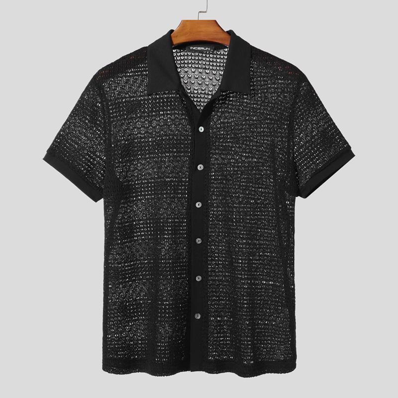 

INCERUN Мужские Повседневные Свободные Рубашки Топы с Лацканами, Коротким Рукавом и Ажурной Вязкой 4XL чёрный