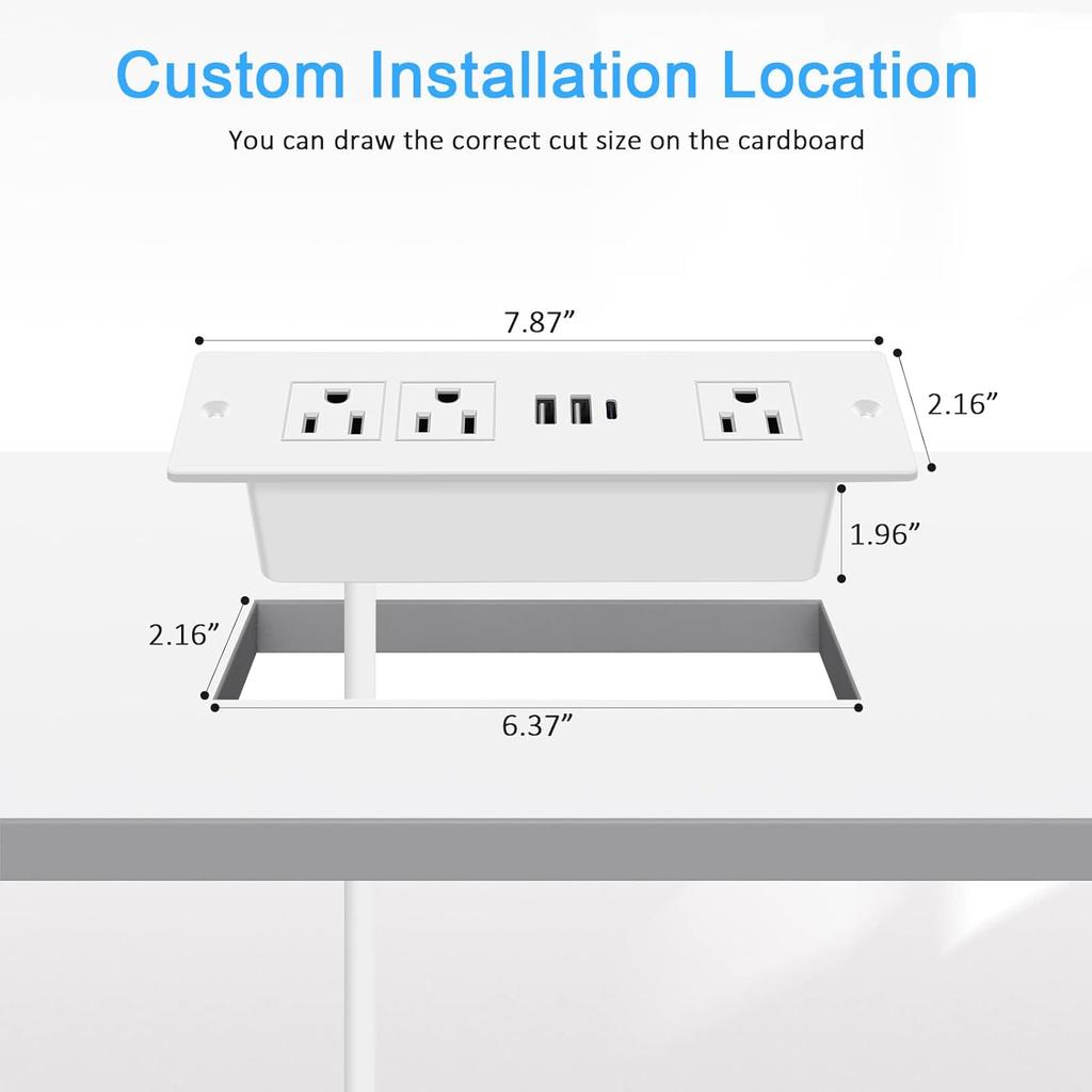 HEZI Recessed Power Strip, Furniture Drawer Outlet with 20W PD USB-C & 18W QC3.0 USB-A, Plug in 3 Outlets & USB Ports, Flush Mount 6FT White