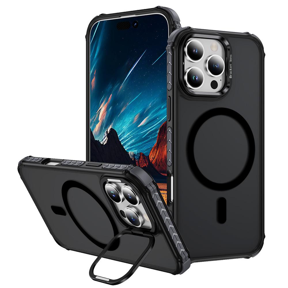 

For iPhone 16 Pro Case with Lens Kickstand Matte Back Cover Compatible with MagSafe Black