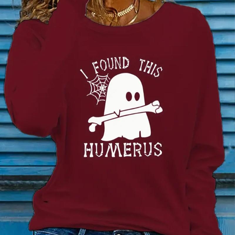 Tops For Women Ghost Hugging Bone Print Round Neck Long Sleeve T-shirt Fall Casual Slim Pullover Women's Long Sleeve Top