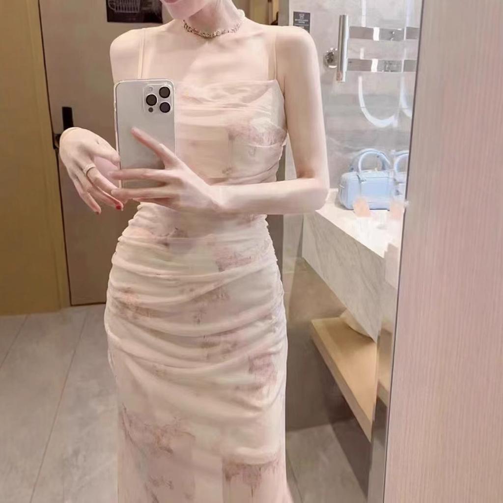 Suspender Dress Printed Pleated Mesh Outer Wear Inner Slim and Thin Temperament Fairy Pure Desire Style Design Long Dress