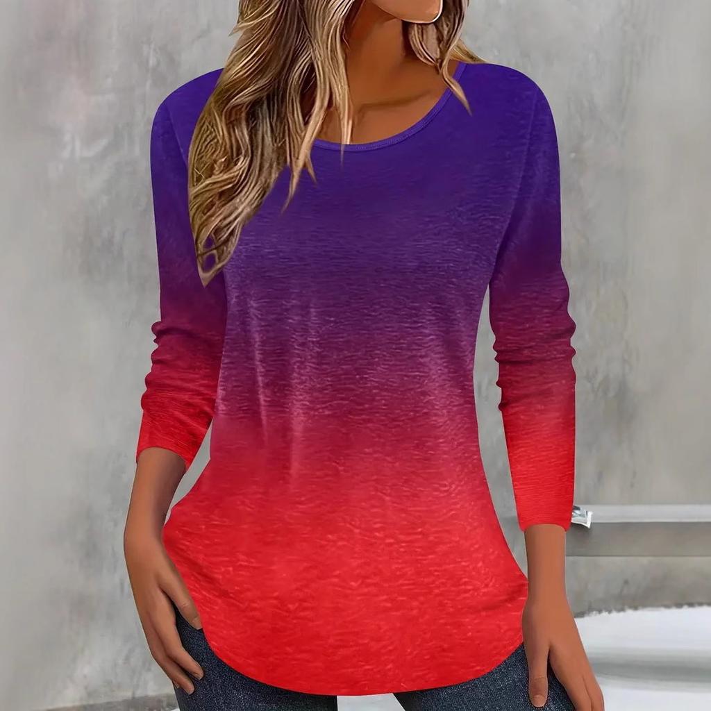 Round Neck 3D Printed Colorful Gradient Top Fashionable Casual Long Sleeved Women's T-shirts