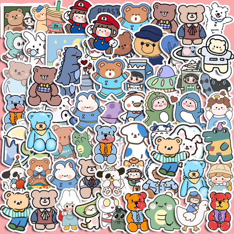 

Blue Series Waterproof Bear Rabbit Expression Stickers: Cute Diary, Water Cup & Phone Case Decoration, Traceless