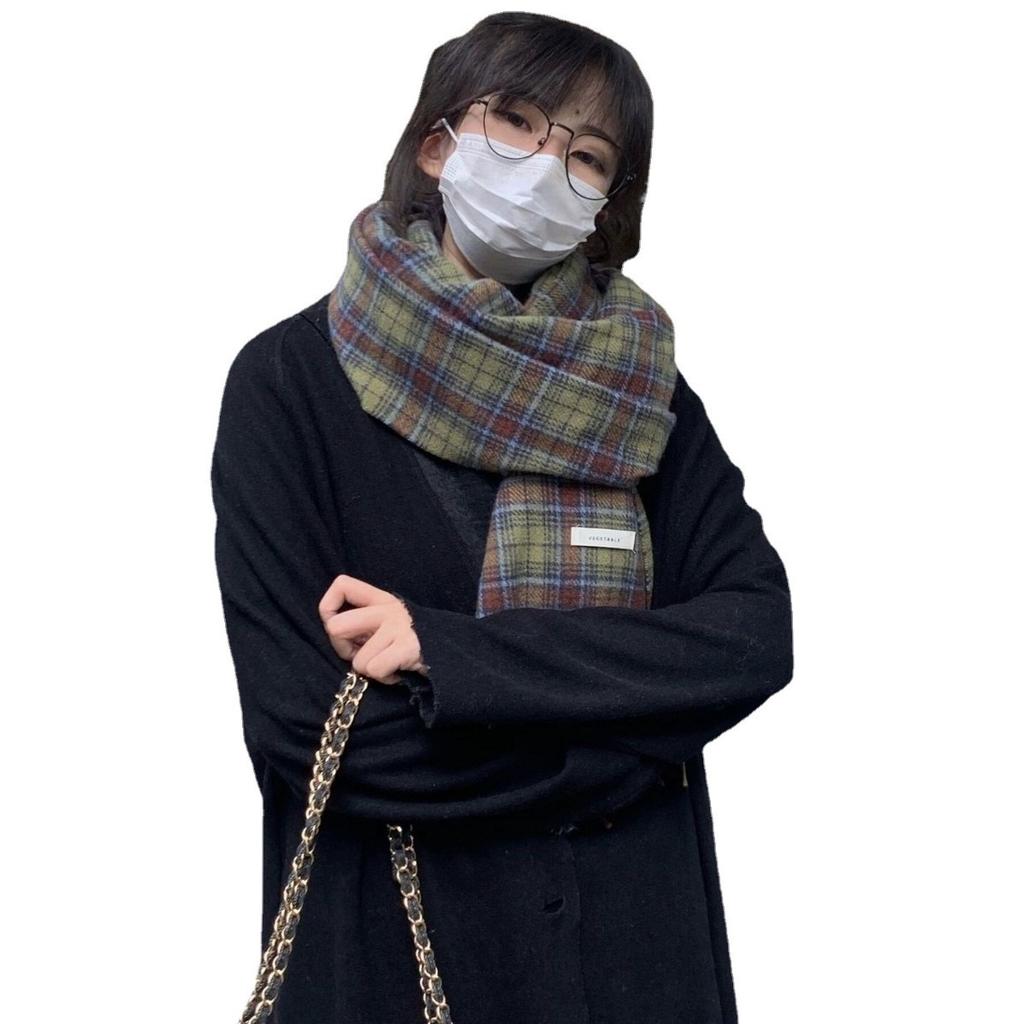 Green Plaid Scarf for Women in Autumn and Winter Retro All Match Imitation Cashmere Korean Style Warm Student Long Scarf Shawl Trendy