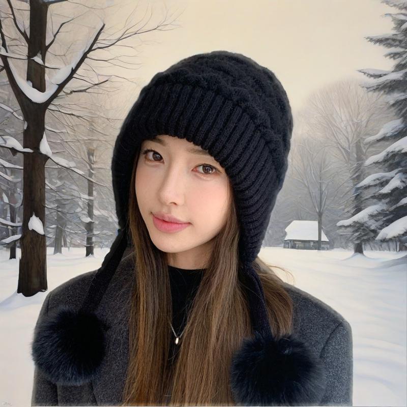 Lazy Wind Thickened Double-layer Ear Protection and Cold-proof Three-fur Ball Rabbit Fur Hat Plus Velvet Face Protection Knitted Hat