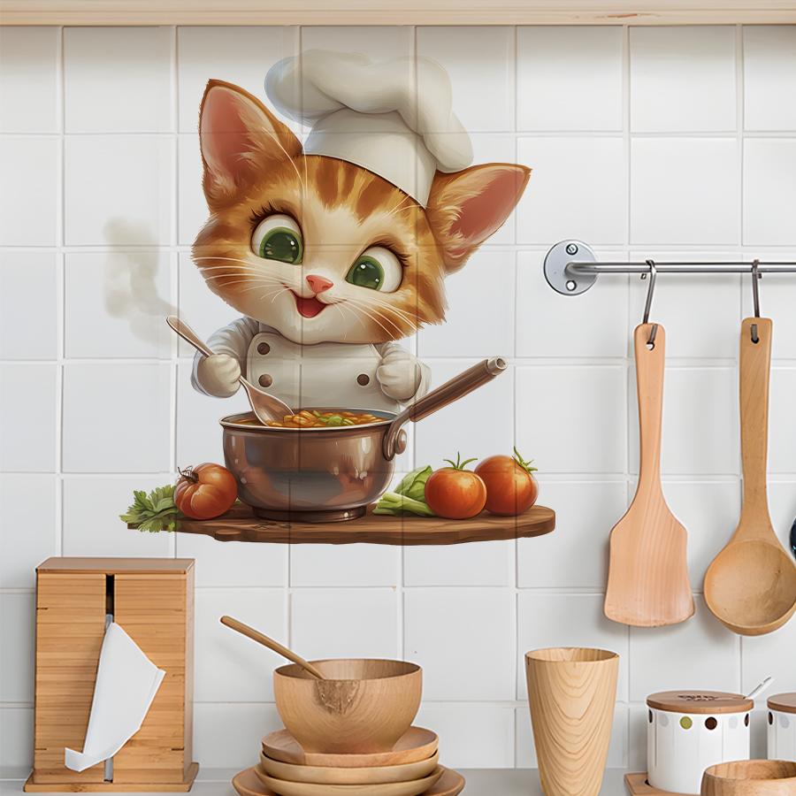 Cute Chef Cat Wall Sticker Cartoon Kitchen Theme Vinyl Decal Removable Self-Adhesive Art for Home Cafe Kids Room