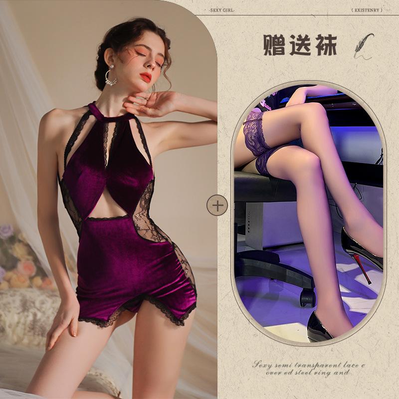 Sexy underwear pure lace splicing velvet temperament thin purple charm neck classical cheongsam