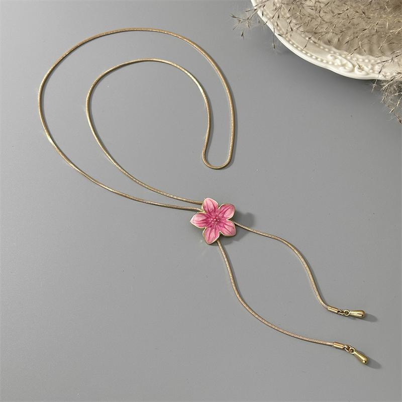 Romantic Flower Drawstring Long Necklace for Women Colorful Dripping Oil Flower Y-Shaped Adjustable Clavicle Chain Party Jewelry