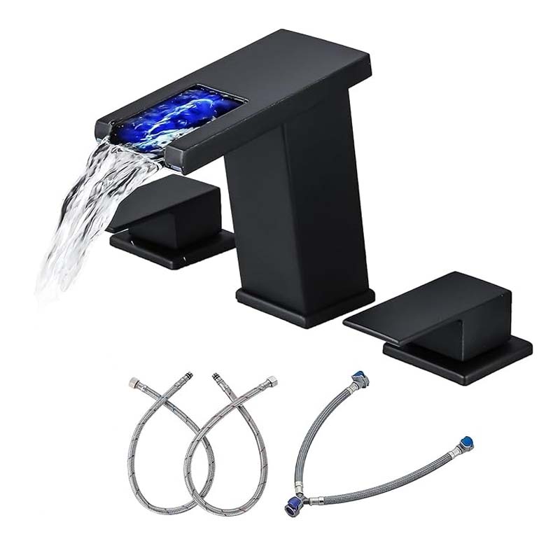 LED Waterfall Bathroom 3 holes Basin Faucet, 2 Handles Cold Hot Water Mixers Sink Tap RGB Color Change Powered by Water Flow