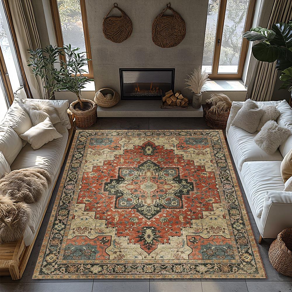 Red Green Bohemian Area Rug, Ethnic Pattern Non-Slip Carpet, Cozy Living Room Mat for Natural Home Decor