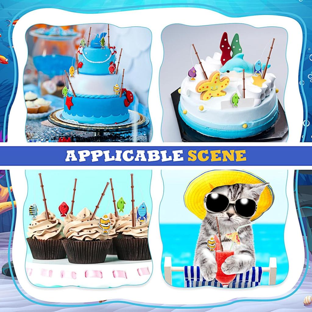 36 Pcs Fishing Birthday Party Decorations Fish Cupcake Pole Picks Fishing Themed Party Supplies Little Fisherman Tropical Appetizer Pick Cocktail