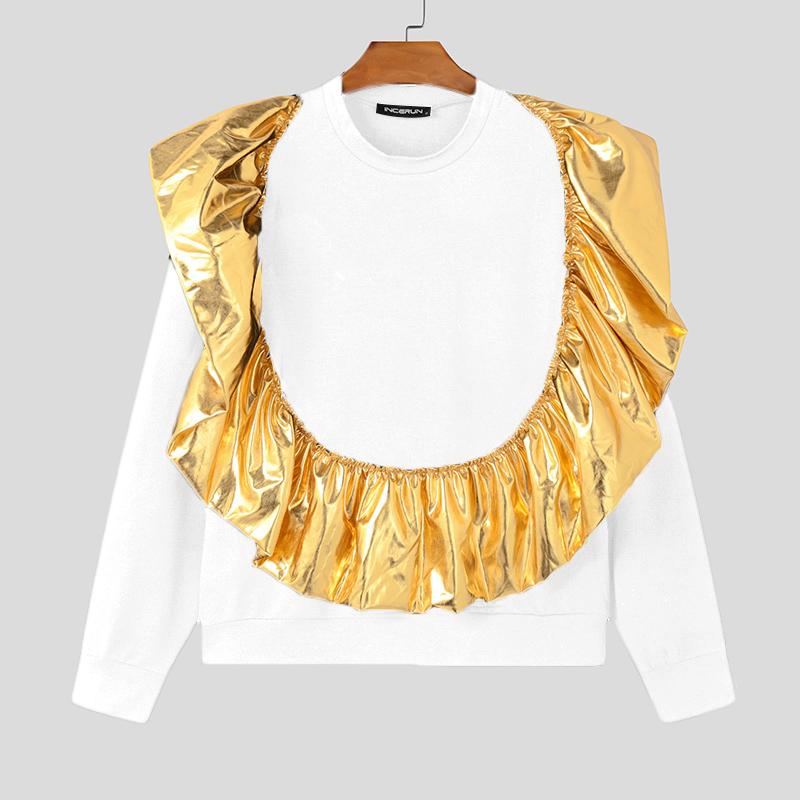 INCERUN Men Round Neck Long Sleeve Shiny Finish Ruffled Patchwork Loose T-shirts