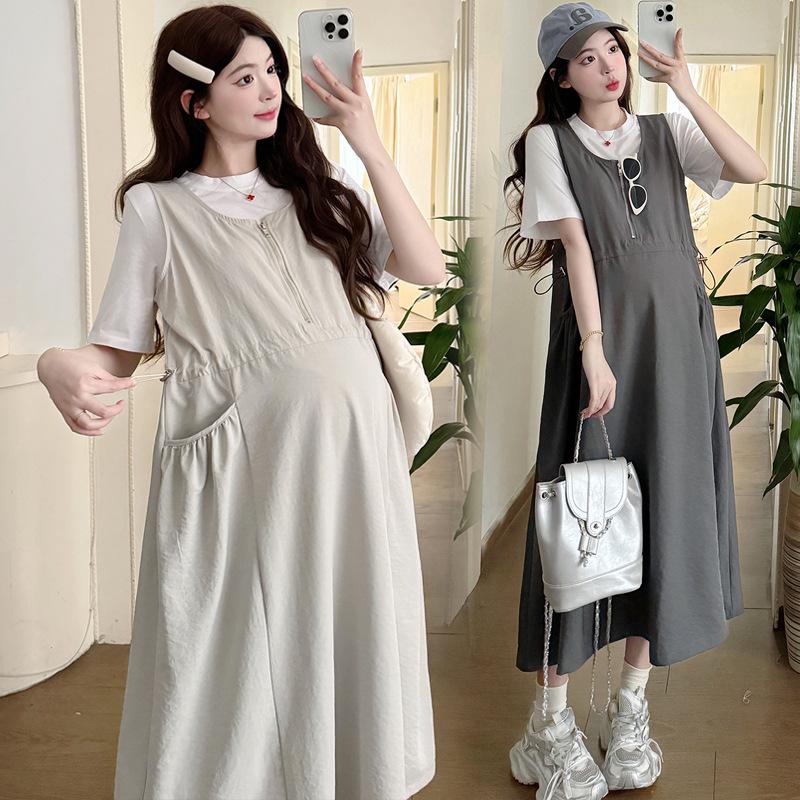 Elegant Plus Size Maternity Summer Dress Set - Loose Short Sleeve Top Medium