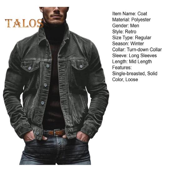 Men Spring Fall Coat Corduroy Turn-down Collar Loose Outerwear Single-breasted Button-down Long Sleeve Loose Coat for Dating Daily School