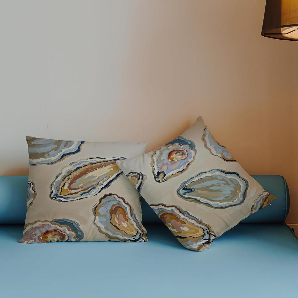 Abstract Oyster Coastal Beach Pillow Covers 18x18 Set of 2, Beachy Room Decor Aesthetic, Retro Coastal Ocean Oyster Shell Decorative Lumbar Pillow
